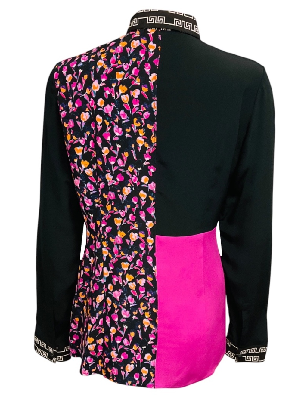 VERSACE BLACK / PINK MULTI FLORAL BAROQUE PATCHWORK PRINT SILK BLOUSE WITH MEDUS - Picture 3 of 7